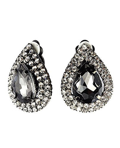 Pear Cut Grey Rhinestone Clip Earrings