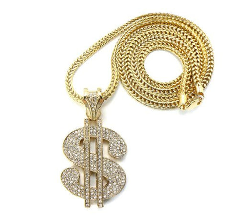 Gold Tone Iced Out Dollar Sign Pendant w/ 4mm 36" Franco Chain MP431G
