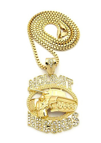 Iced Out No Limit Records Tank with Solider Pendant 3mm 30" Box Chain Necklace in Gold-Tone