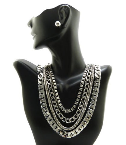Silver Tone Assorted Multi Style Chain Necklace w/ Earrings JS6006RD