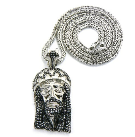 Rhodium Plated Jesus Pendant w/ Franco Chain Necklace