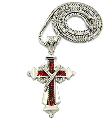 Pave Cross Necklace with 4mm 36" Franco Chain - Red/Silver Tone MLP039RRD