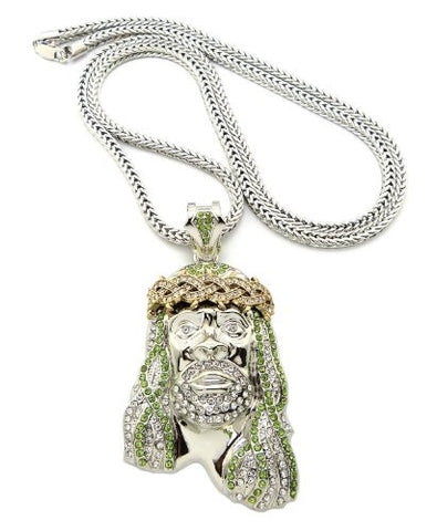 Crown of Thorns Jesus Paved Pendant 36" Franco Chain Necklace - Lime/Clear Silver-Tone MP449R-LMCR