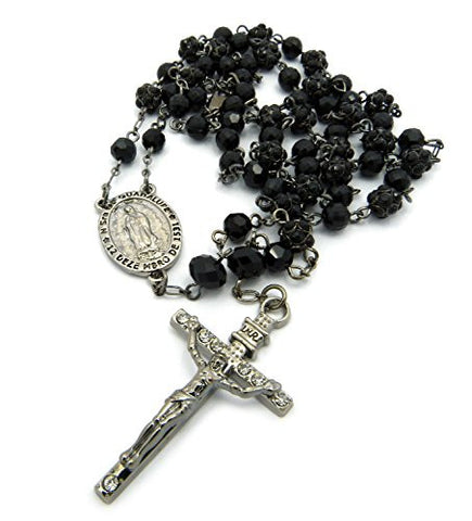 St. Mary and Jesus Cross 6mm 30" Rosary Chain Necklace in Black/Hematite-Tone