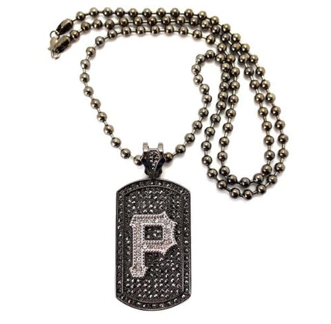 Iced Out Letter P Dog Tag Pendant 6mm 36" Ball Chain Necklace in Hematite-Tone