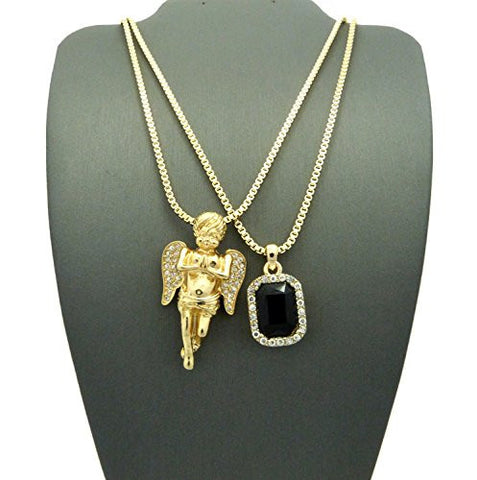 Pave Praying Angel & Faux Onyx Stone Pendant w/ 2mm 24" Box Chain Necklace in Gold-Tone