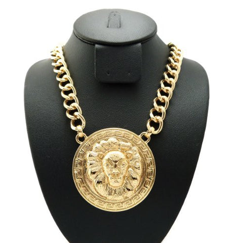 Polished Egyptian Style Lion Head Medal Pendant 18" Link Chain Necklace in Gold-Tone XC363G