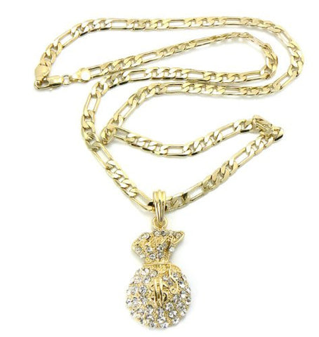 Rhinestone Money Bag Pendant w/ 5mm 24" Figaro Chain in Gold Tone MSP082G