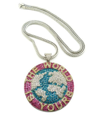Iced Out Silver Tone 'The World is Yours' Pendant w/ 4mm 36" Franco Chain RC82R
