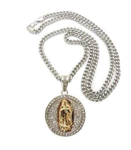 Round Paved Saint Mary Pendant in Silver/Gold Tone w/ 36" Cuban Chain CP68RT