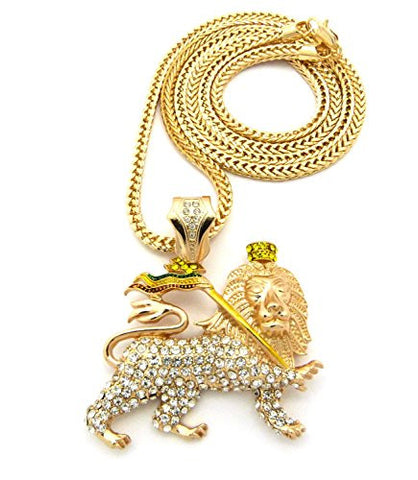 Iced Out Rasta Lion Pendant 4mm 36" Franco Chain Necklace in Gold-Tone