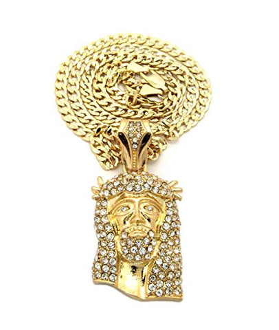 Iced Out Jesus Face Pendant 2.5mm 24" Diamond Cut Cuban Chain Necklace in Gold-Tone