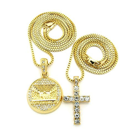 Tha Last Supper & Cross Paved Micro Pendant Necklace Set with 24" 30" Box Chains - Gold-Tone