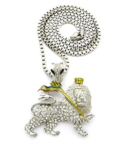 Iced Out Rasta Lion Pendant 4mm 36" Box Chain Necklace in Silver-Tone