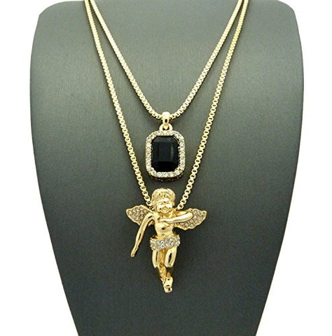 Faux Onyx Stone & Pave Floating Angel Pendant Set 2mm 24" & 30" Box Chain Necklace in Gold-Tone
