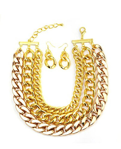 Tri-Link Chain Choker Necklace with Earrings in Gold-Tone ICN1008G