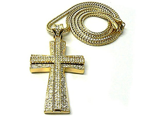 Iced Out Two Stack Pattee Cross Pendant 36" Franco Chain Necklace - Gold-Tone MP667G