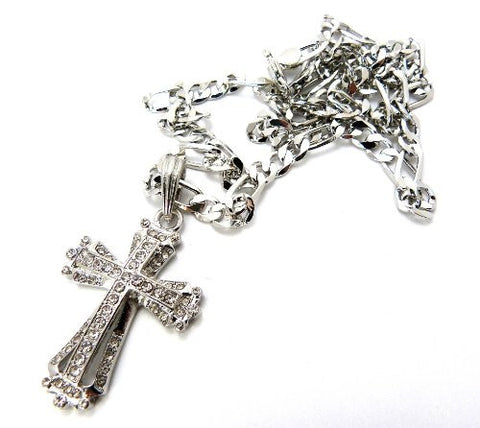 Silver Tone Classic Cross Pendant w/ 5mm 24" Figaro Chain Necklace MSP203R