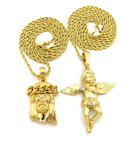 Plain Crowned Jesus & Solitaire Angel Micro Pendant Set with 24" 30" Rope Chains - Gold-Tone