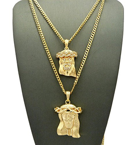 Stone Stud Jesus Face & Polished Jesus Face Pendant Set 3mm 24" & 30" Concave Cuban Chain in Gold-Tone