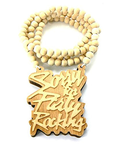 Sorry for Party Rocking Wood Pendant 36" Wooden Bead Chain Necklace in Natural-Tone WJ150NL