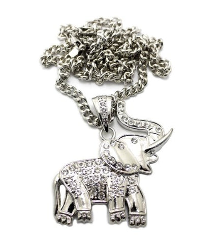 Good Luck Elephant Pendant in Silver Tone w/ 36" Miami Cuban Chain CP79R
