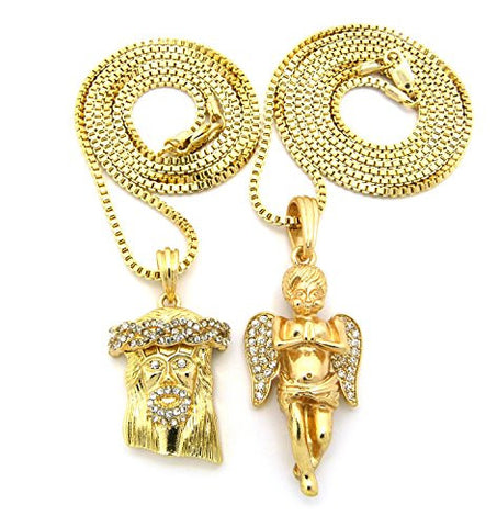 Crown Jesus & Praying Angel Pave Micro Pendant Necklace Set with 24" 30" Box Chains - Gold-Tone