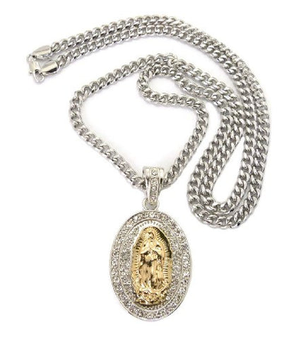 Paved Saint Mary Pendant in Silver/Gold Tone w/ 36" Miami Cuban Chain CP46RT