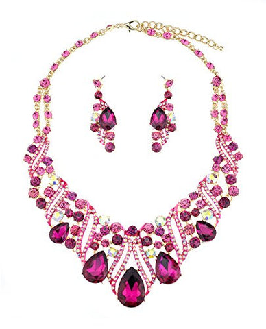 Elegant Teardrop Accent Fuchsia Stone Necklace and Earrings Jewelry Set in Gold-Tone