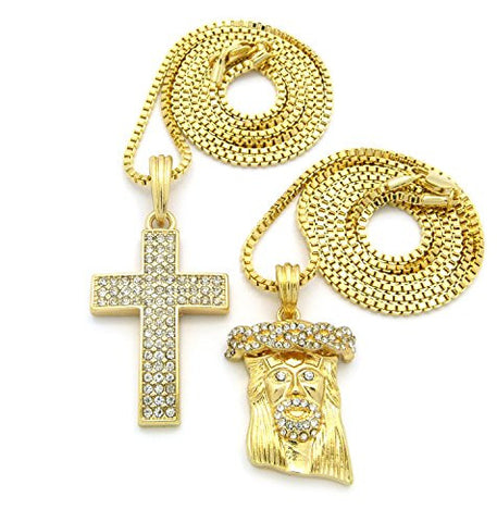 3 Row Pave Cross and Jesus Pendant Chain Necklace Set