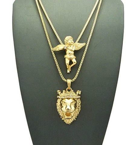 Stone Stud Crown King Lion & Solitaire Angel Pendant Set 2mm 24" & 30" Box Chains in Gold-Tone