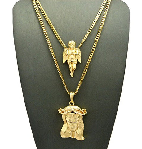 Polished Prayer Angel & Jesus Face Pendant Set 3mm 24" & 30" Concave Cuban Chain Necklace in Gold-Tone