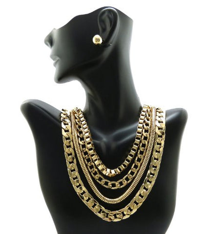 Gold Tone Assorted Multi Style Chain Necklace w/ Earrings JS6006GD