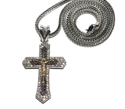 Paved Silver/Hematite/Gold Tone Crucifixion Cross w/ 36" Franco Chain