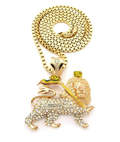 Iced Out Rasta Lion Pendant 4mm 36" Box Chain Necklace in Gold-Tone