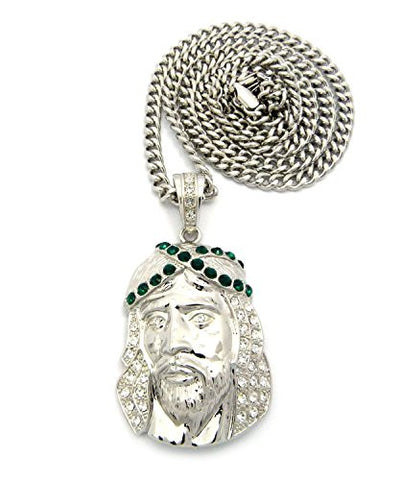 Criss-Cross Crown Rhinestone Studded Jesus Pendant with 6mm 36" Cuban Link Chain - Green/Silver-Tone