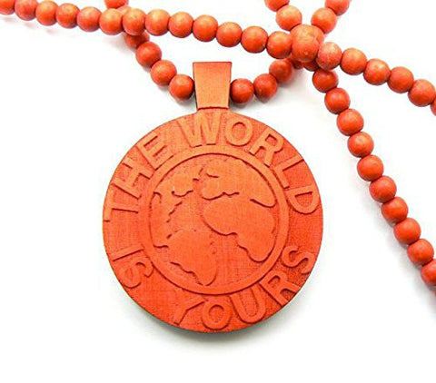 The World is Yours Globe Flat Wood Medal Pendant 8mm 36" Wooden Bead Chain Necklace in Red