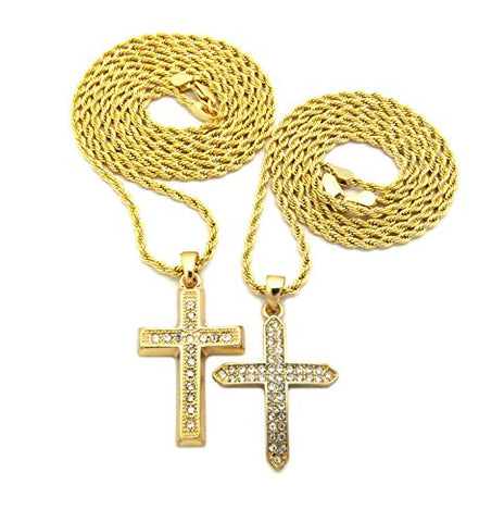 Block, Suffering Cross 2 Piece Pave Micro Pendant Necklace Set with 24" 30" Rope Chain