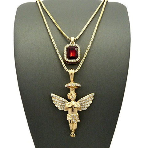 Faux Ruby Stone & Pave Halo Angel Pendant Set 2mm 24" & 30" Box Chain Necklace in Gold-Tone