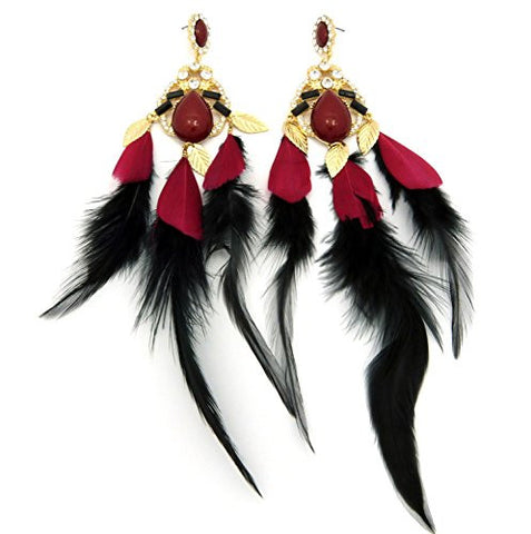 Fancy Epoxy Stone Accent 3 Feather Dangle Earrings in Red/Gold-Tone
