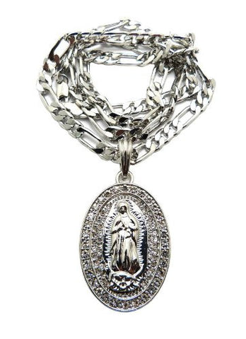 Oval Saint Mary Pendant w/ 5mm 24" Figaro Chain in Silver Tone MSP154R