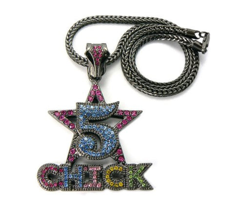 Pave 5 Star Chick Celebrity Pendant 4mm 17" Franco Chain Necklace in Multi/Hematite-Tone