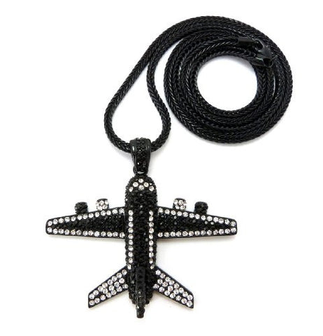 Iced Out Jetliner Pendant w/ 4mm 36" Franco Chain in Jet Black MHP14BK