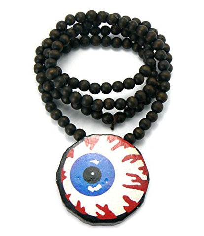 Eye Ball Colored Wood Pendant 36" Wooden Bead Chain Necklace in Brown-Tone WX33BRN