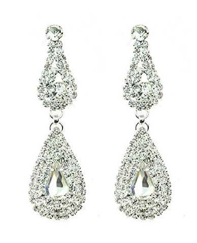 Rhinestone Studded Dual Teardrop Pattern Clear Gemstone Dangling Pierced Earrings in Silver-Tone