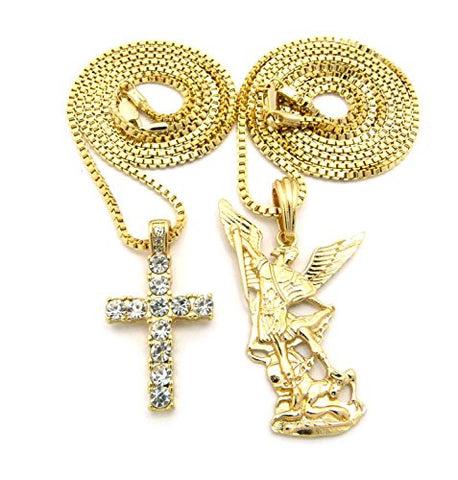 One Row Rhinestone Cross and Archangel Necklace Set with 24" 30" Box Chains - Gold-Tone