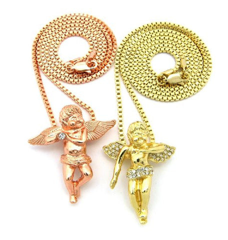 Pave Baby Angel Micro Pendant & Multi Length Box Chain Set - Two Tone Gold RC274