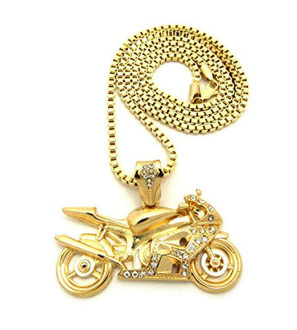 Stone Stud Motorcycle Pendant with 3mm 30" Box Chain Necklace - Gold-Tone