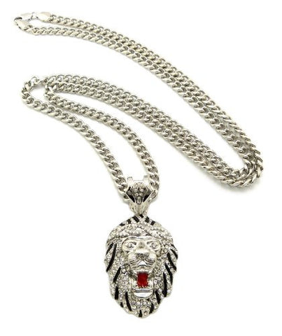 Rappers' Iced Out Lion Head Pendant with 6mm 36" Cuban Link Chain Necklace - Clear/Silver-Tone