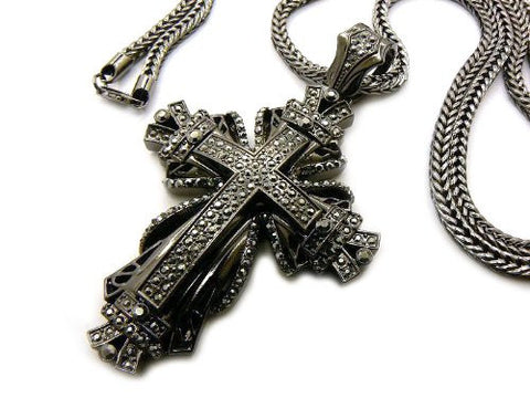 Hematite Tone Medieval Style Cross Pendant Necklace w/ 36" Franco Chain